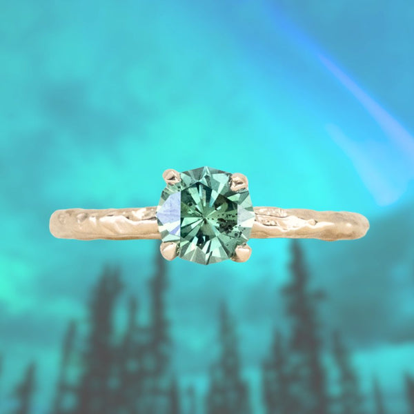 0.83ct Untreated Teal Montana Sapphire Evergreen Carved 4 Prong Solitaire in 14k Yellow Gold
