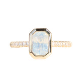 2.10ct Untreated Opalescent Radiant Cut Sapphire Low Profile Bezel Solitaire Ring with Pavé Set Diamonds in 14k Yellow Gold