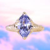 3.16ct Unheated Purple Madagascar Marquise Sapphire Evergreen Carved Low Profile 6 Prong Solitaire in 14k Yellow Gold