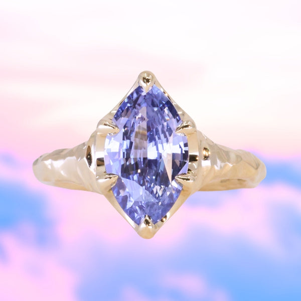 3.16ct Unheated Purple Madagascar Marquise Sapphire Evergreen Carved Low Profile 6 Prong Solitaire in 14k Yellow Gold