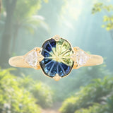 1.20ct Untreated Oval Parti Australian Fantasy Cut Sapphire and Natural Trillion Diamond Antique Milgrain Three Stone Low Profile Ring in 14k Yellow Gold