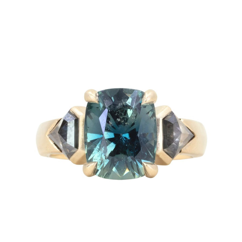 4.86ct Teal Elongated Cushion Sapphire and Salt and Pepper Diamond Three Stone Ring in 14k Yellow