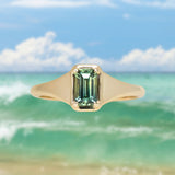 0.71ct Australian Emerald Cut Parti Sapphire Low Profile 4 Prong Signet Solitaire in 14k Yellow Gold
