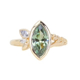 1.82ct Green Untreated Montana Marquise Sapphire in Wandering Vine Low Profile Bezel Setting with Pear Diamond in 14k Yellow Gold