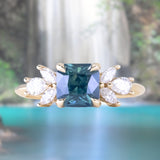 2.03ct Silky Medium Teal Radiant Cut Sapphire and Marquise Diamond Cluster Ring in 14k Yellow Gold