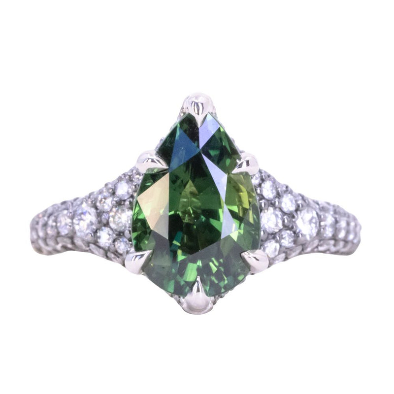 3.93ct Green Australian Pear Sapphire Diamond-Studded Tapered Solitaire in 14k Blackened Gold