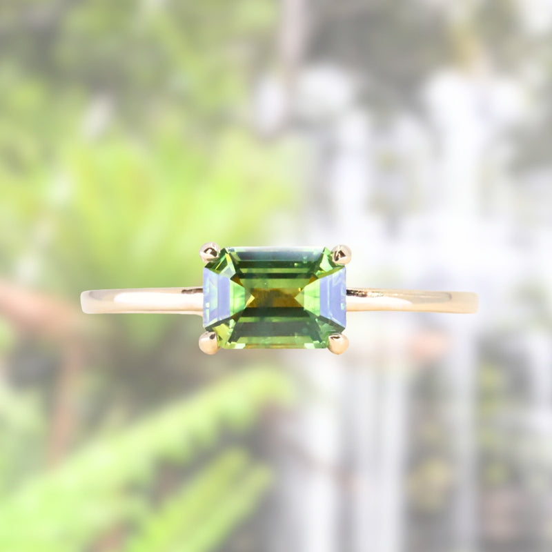 1.20ct Untreated Australian Emerald Cut Parti Sapphire Low Profile 4 Prong East-West Solitaire in 14k Yellow Gold