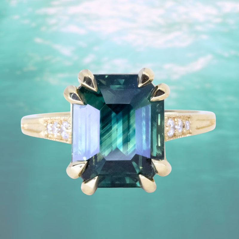 7.08ct Emerald Cut Teal Sapphire and Diamond Vintage Cathedral Double Prong Ring in 18k Yellow Gold