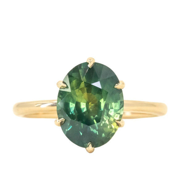 3.58ct Oval Silky Green Madagascar Sapphire Lotus Six Prong Solitaire in 18k Yellow Gold