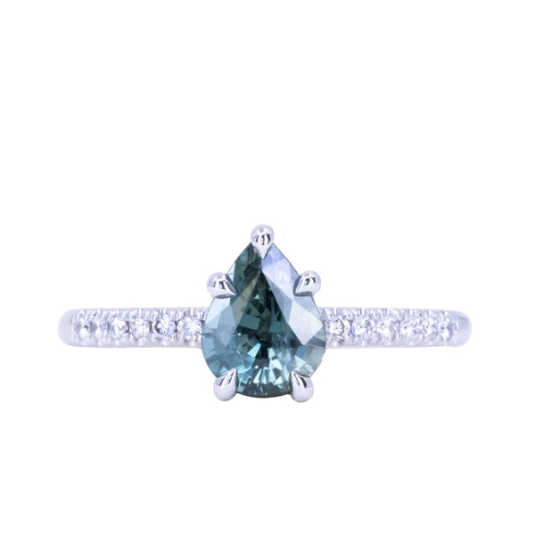 1.30ct Teal Blue Pear Sapphire and French Set Diamond Solitaire in 14K White Gold
