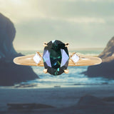 1.37ct Untreated Oval Deep Teal Nigerian Sapphire and Princess Cut Diamond Rapids Low Profile Ring in 14k Yellow Gold