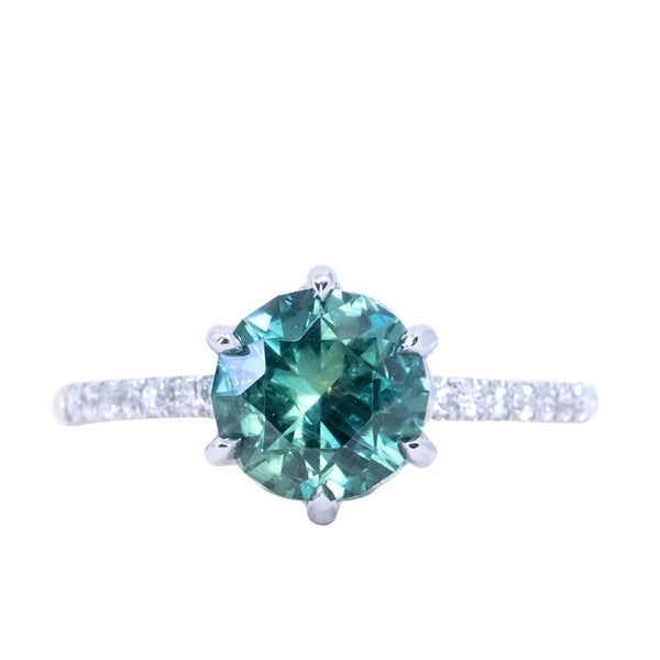 2.14ct Color Shifting Teal Sapphire Lotus Six Prong Solitaire with Diamonds in 14k White Gold