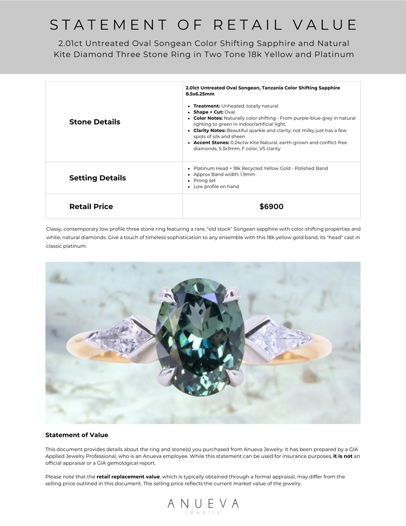 2.01ct Untreated Oval Songean Color Shifting Sapphire and Natural Kite Diamond Three Stone Ring in Two Tone 18k Yellow and Platinum