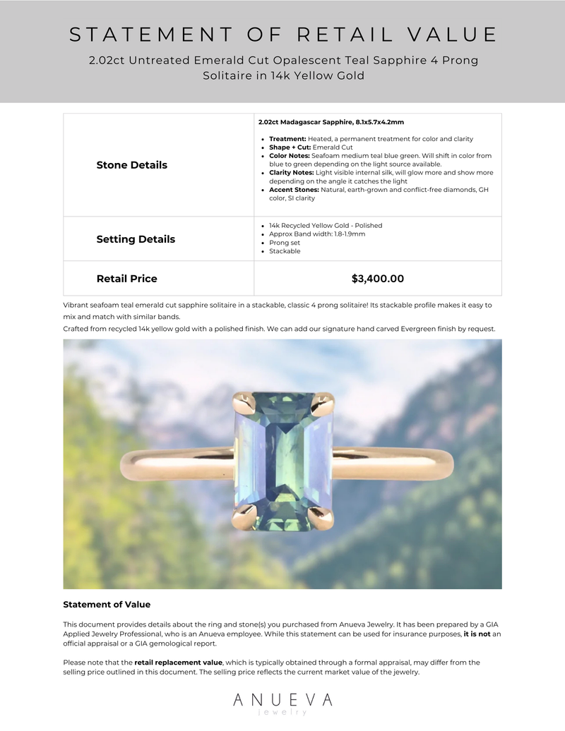 2.02ct Untreated Emerald Cut Opalescent Teal Sapphire 4 Prong Solitaire in 14k Yellow Gold