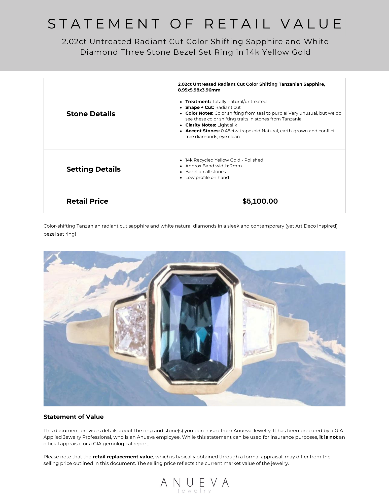 2.02ct Untreated Radiant Cut Color Shifting Sapphire and White Diamond ...