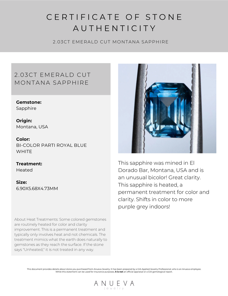 2.03CT EMERALD CUT MONTANA SAPPHIRE, BI-COLOR PARTI ROYAL BLUE WHITE, 6.90X5.68X4.73MM,EARLY ACCESS