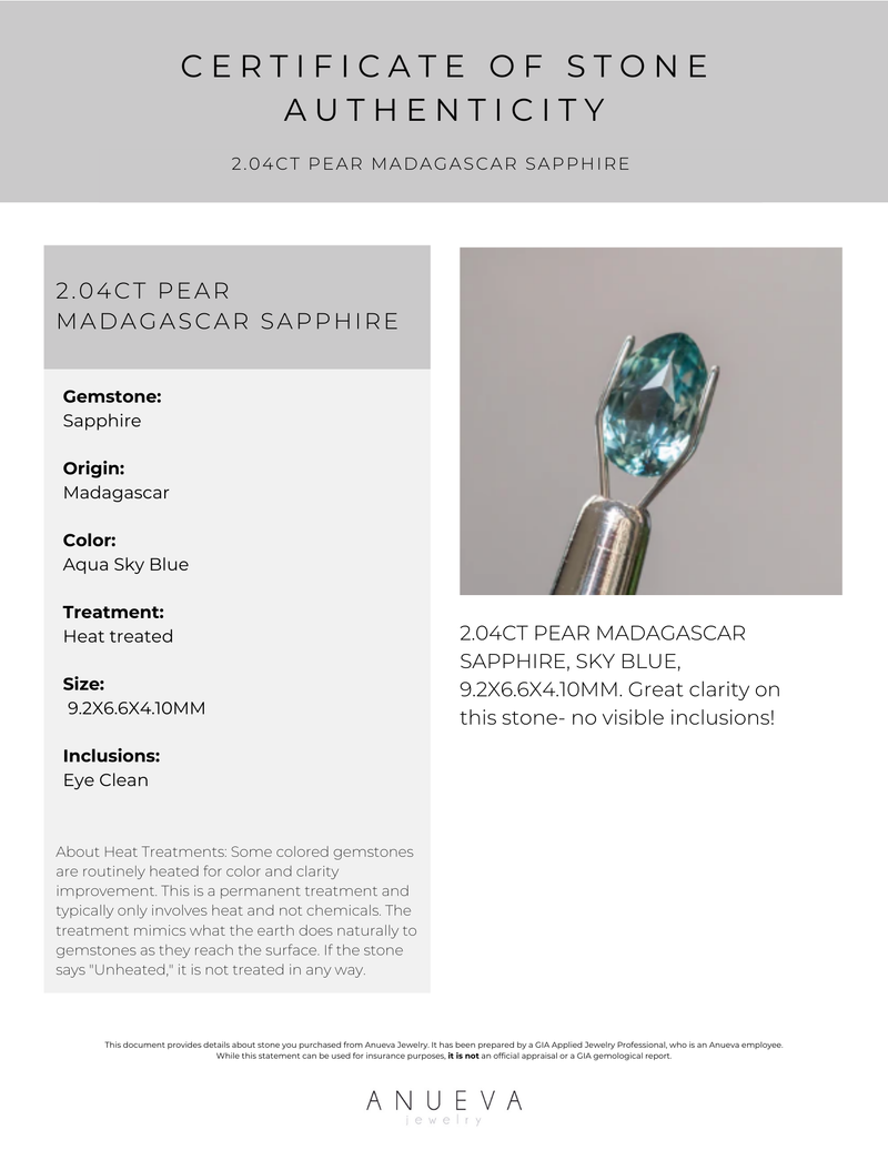 2.04CT PEAR MADAGASCAR SAPPHIRE, SKY BLUE, 9.2X6.6X4.10MM