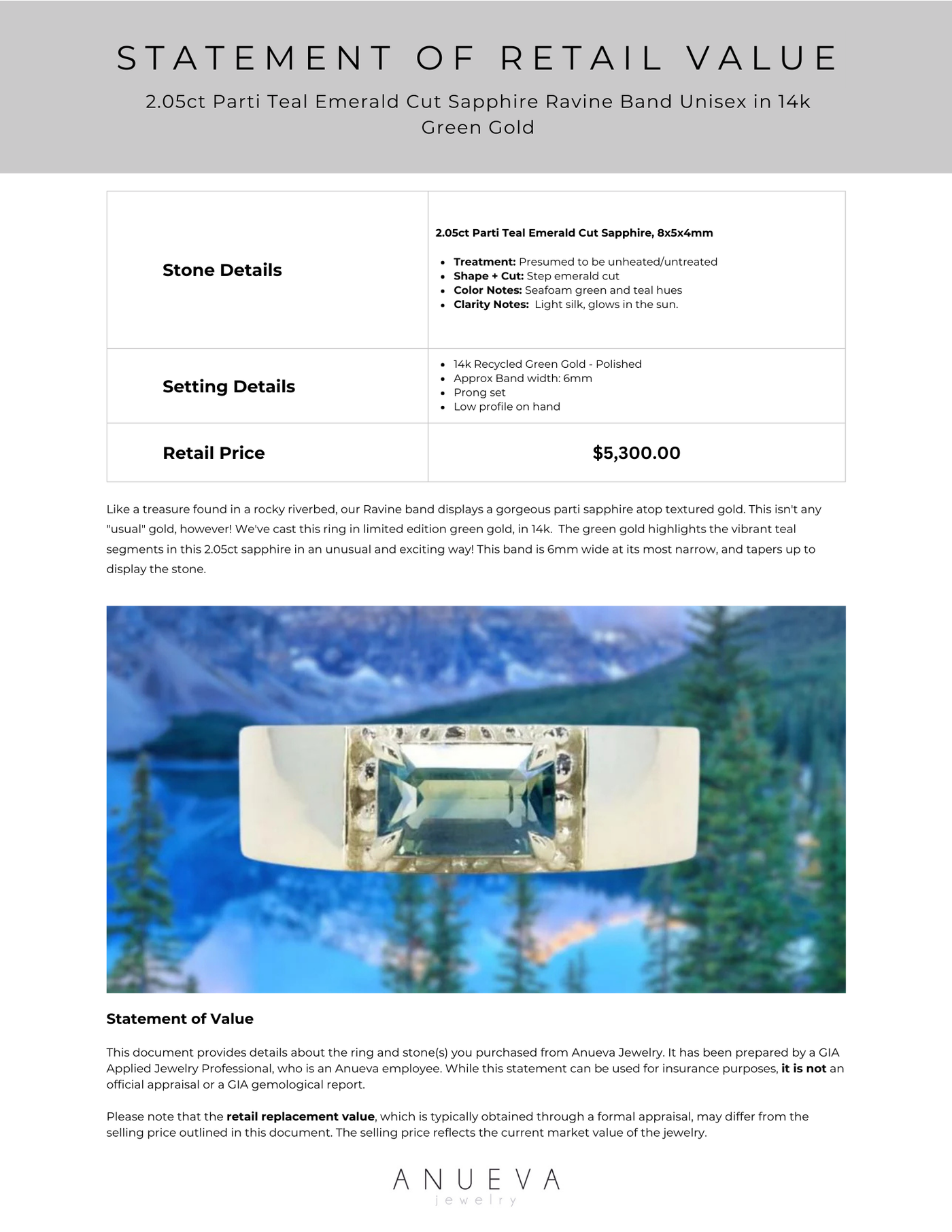 2.05ct Parti Teal Emerald Cut Sapphire Ravine Band Unisex in 14k