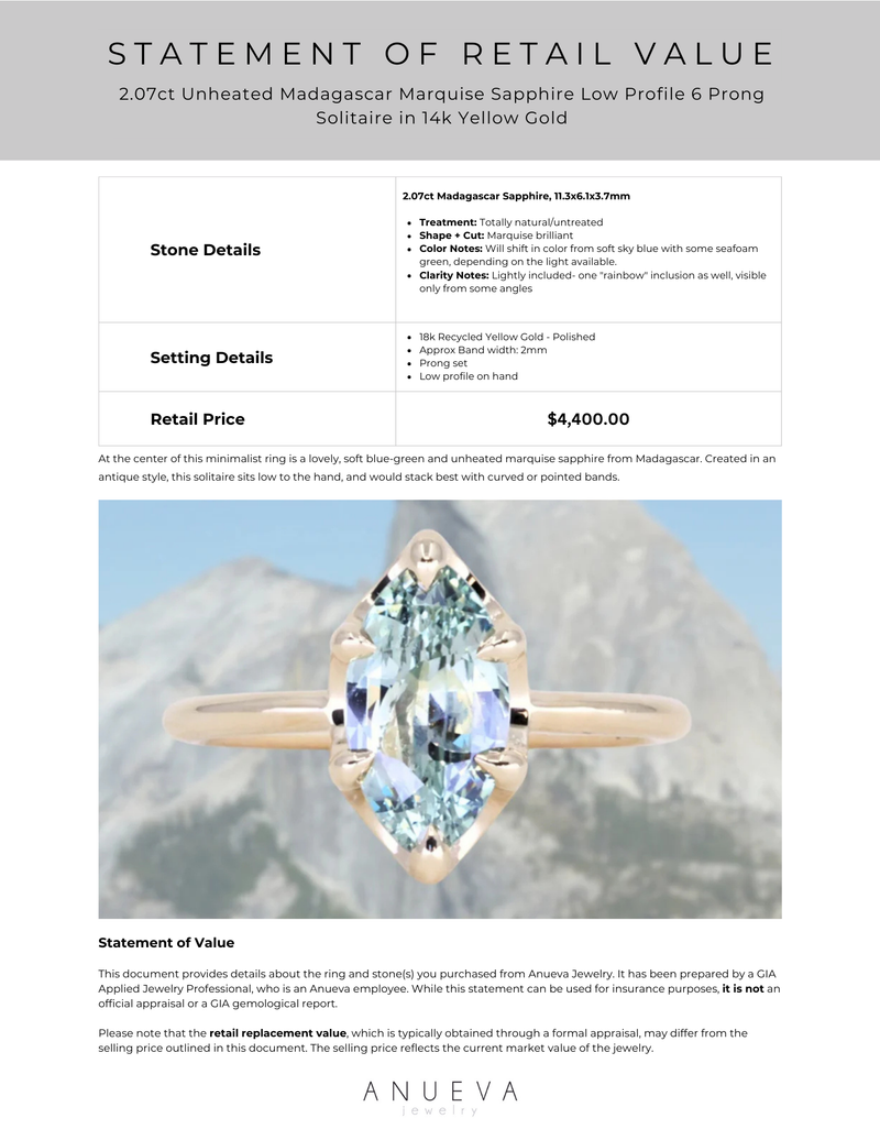 2.07ct Unheated Madagascar Marquise Sapphire Low Profile 6 Prong Solitaire in 14k Yellow Gold