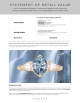 2.07ct Untreated Fantasy Cut Montana Sapphire and Diamond  Antique Milgrain Three Stone Low Profile Ring in 14k Yellow Gold