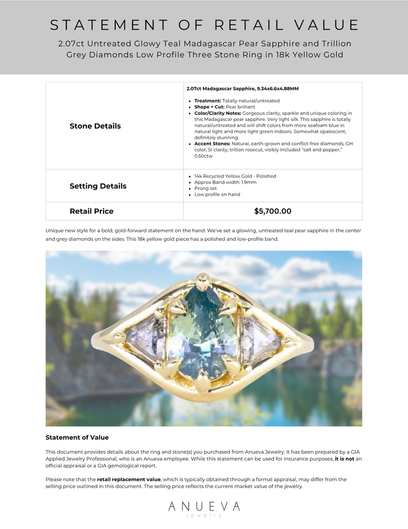2.07ct Untreated Glowy Teal Madagascar Pear Sapphire and Trillion Grey Diamonds Low Profile Three Stone Ring in 18k Yellow Gold