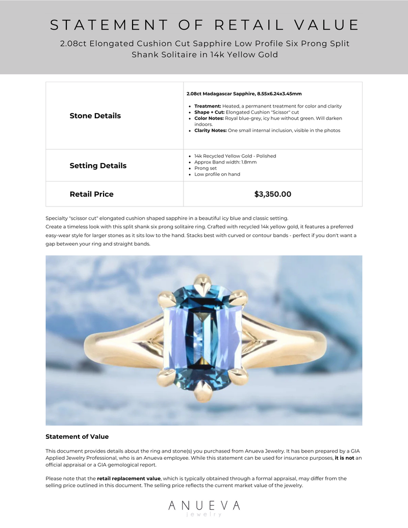 2.08ct Elongated Cushion Cut Sapphire Low Profile Six Prong Split Shank Solitaire in 14k Yellow Gold