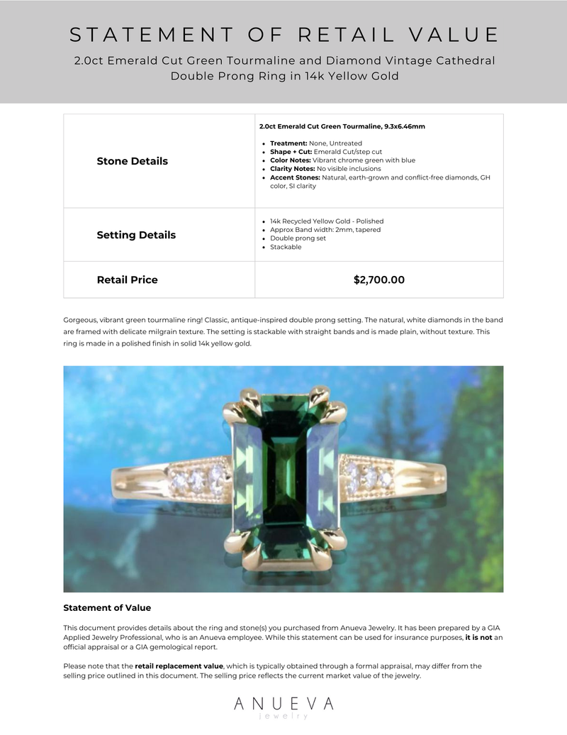 2.0ct Emerald Cut Green Tourmaline and Diamond Vintage Cathedral Double Prong Ring in 14k Yellow Gold