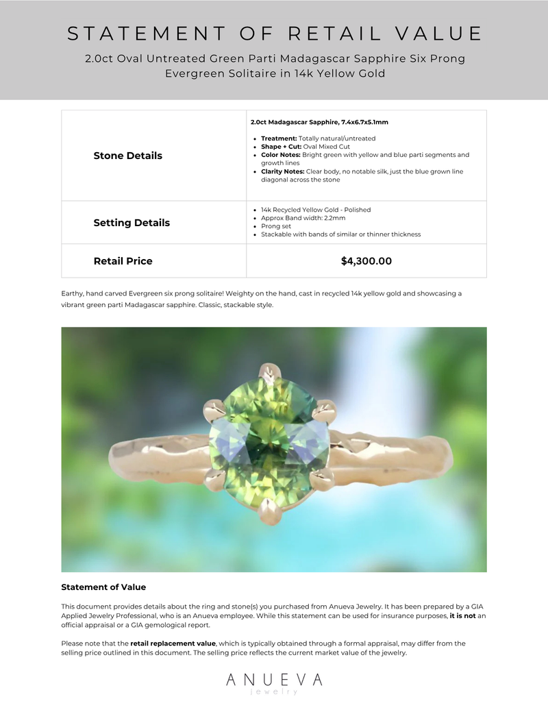 2.0ct Oval Untreated Green Parti Madagascar Sapphire Six Prong Evergreen Solitaire in 14k Yellow Gold