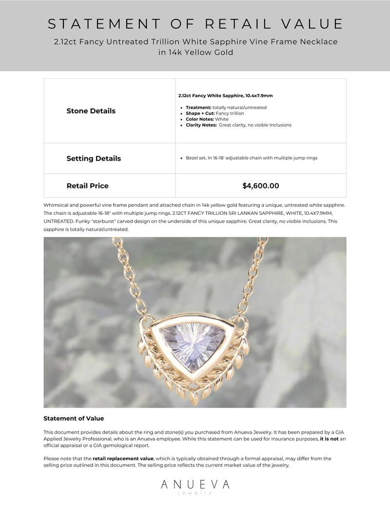 2.12ct Fancy Untreated Trillion White Sapphire Vine Frame Necklace in 14k Yellow Gold