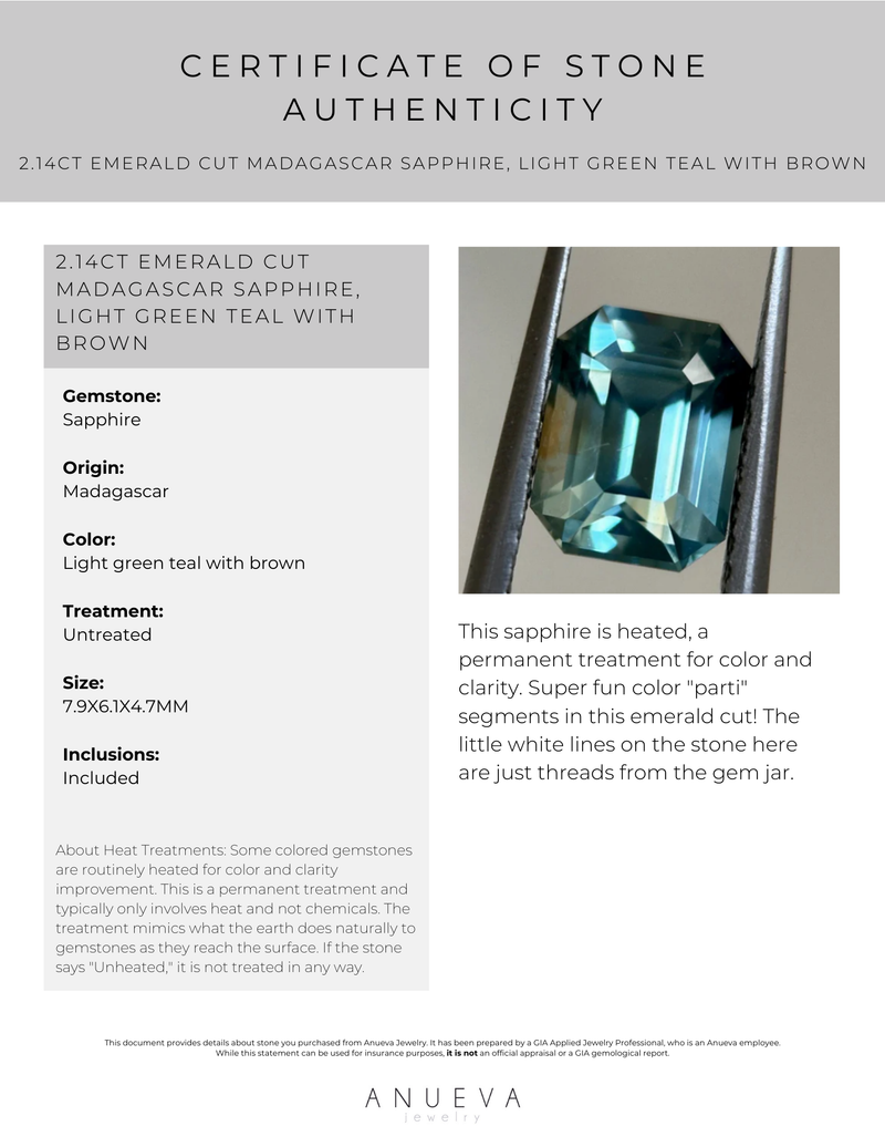 2.14CT EMERALD CUT MADAGASCAR SAPPHIRE, LIGHT GREEN TEAL WITH BROWN, 7.9X6.1X4.7MM, EARLY ACCESS