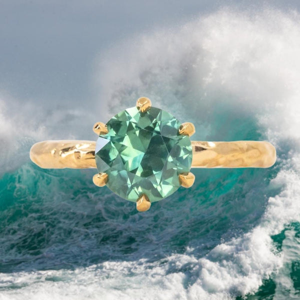 2.15ct Round Teal Nigerian Sapphire Six Prong Evergreen Solitaire in 18k Yellow Gold
