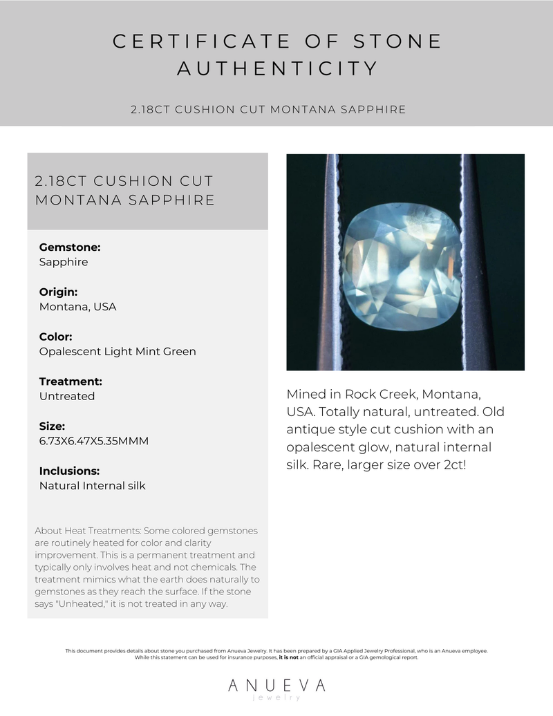 2.18CT CUSHION CUT MONTANA SAPPHIRE, OPALESCENT LIGHT MINT GREEN, 6.73X6.47X5.35MM