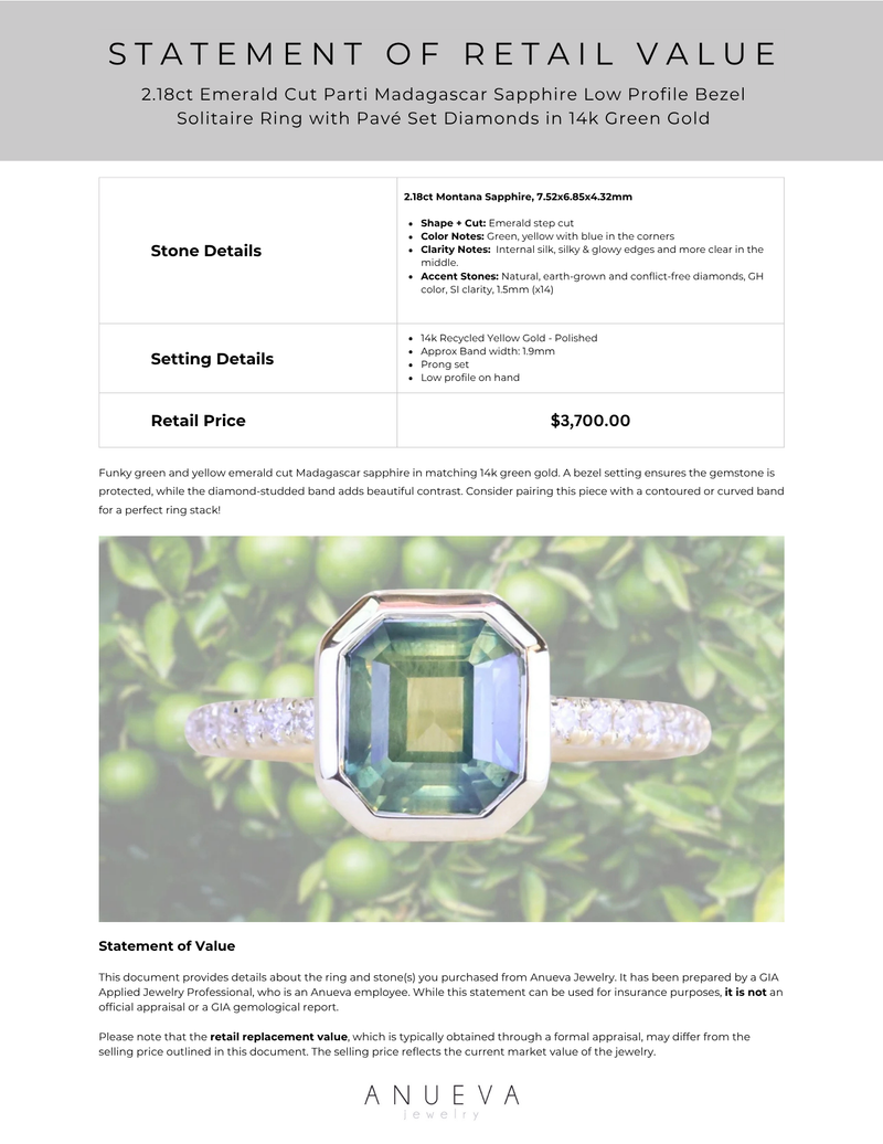 2.18ct Emerald Cut Parti Madagascar Sapphire Low Profile Bezel Solitaire Ring with Pavé Set Diamonds in 14k Green Gold
