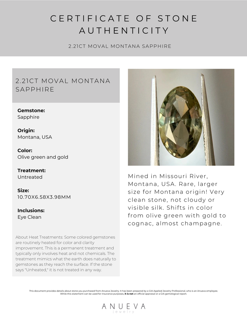 2.21CT MOVAL MONTANA SAPPHIRE, OLIVE GREEN AND GOLD, UNTREATED, 10.70X6.58X3.98MM