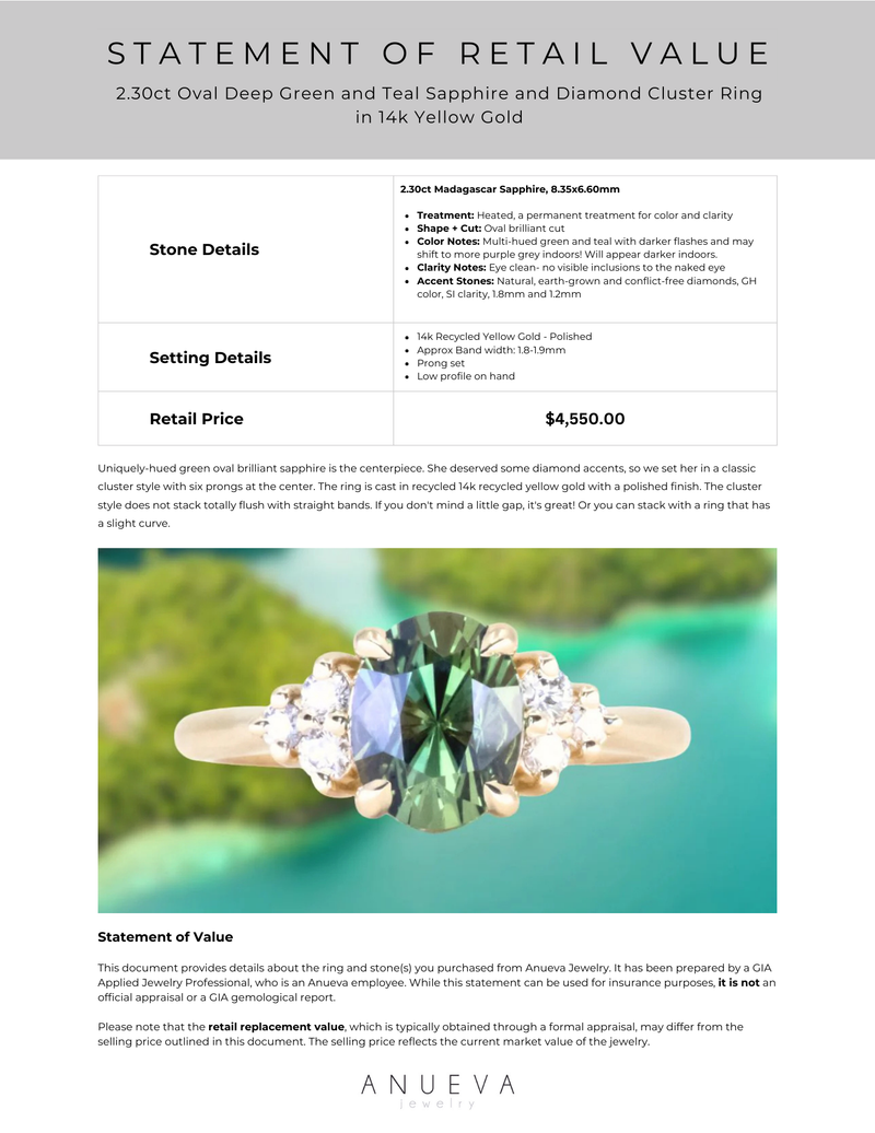 2.30ct Oval Deep Green and Teal Sapphire and Diamond Cluster Ring in 14k Yellow Gold