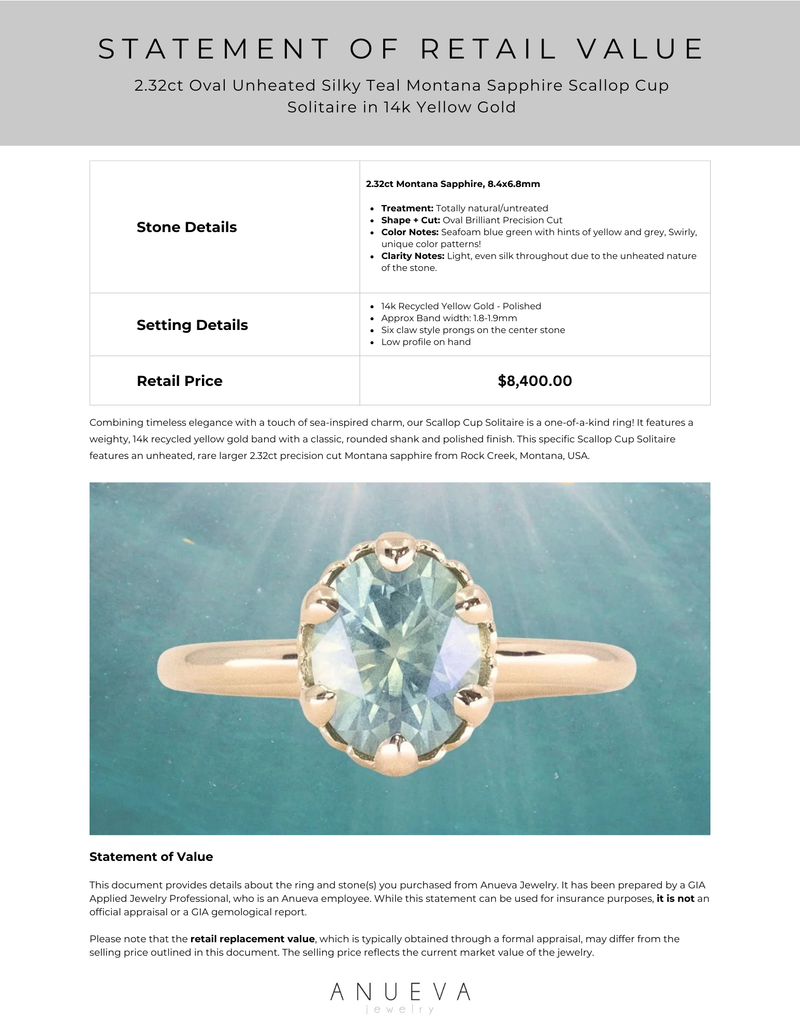 2.32ct Oval Unheated Silky Teal Montana Sapphire Scallop Cup Solitaire in 14k Yellow Gold