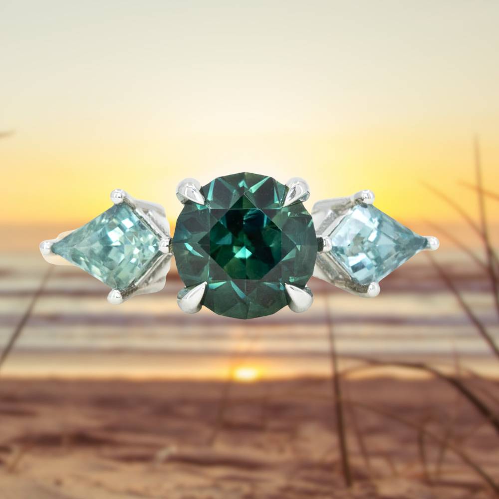 Marquise cut green sapphire ring three stone teal sapphire ring 14k ye –  Ohjewel