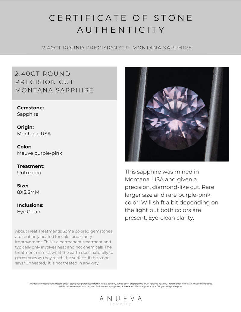 2.40CT ROUND PRECISION CUT MONTANA SAPPHIRE, MAUVE PURPLE-PINK, 8X5.5MM UNTREATED EARLY ACCESS