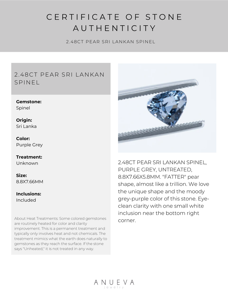 2.48CT PEAR SRI LANKAN SPINEL, PURPLE GREY, UNTREATED, 8.8X7.66MM