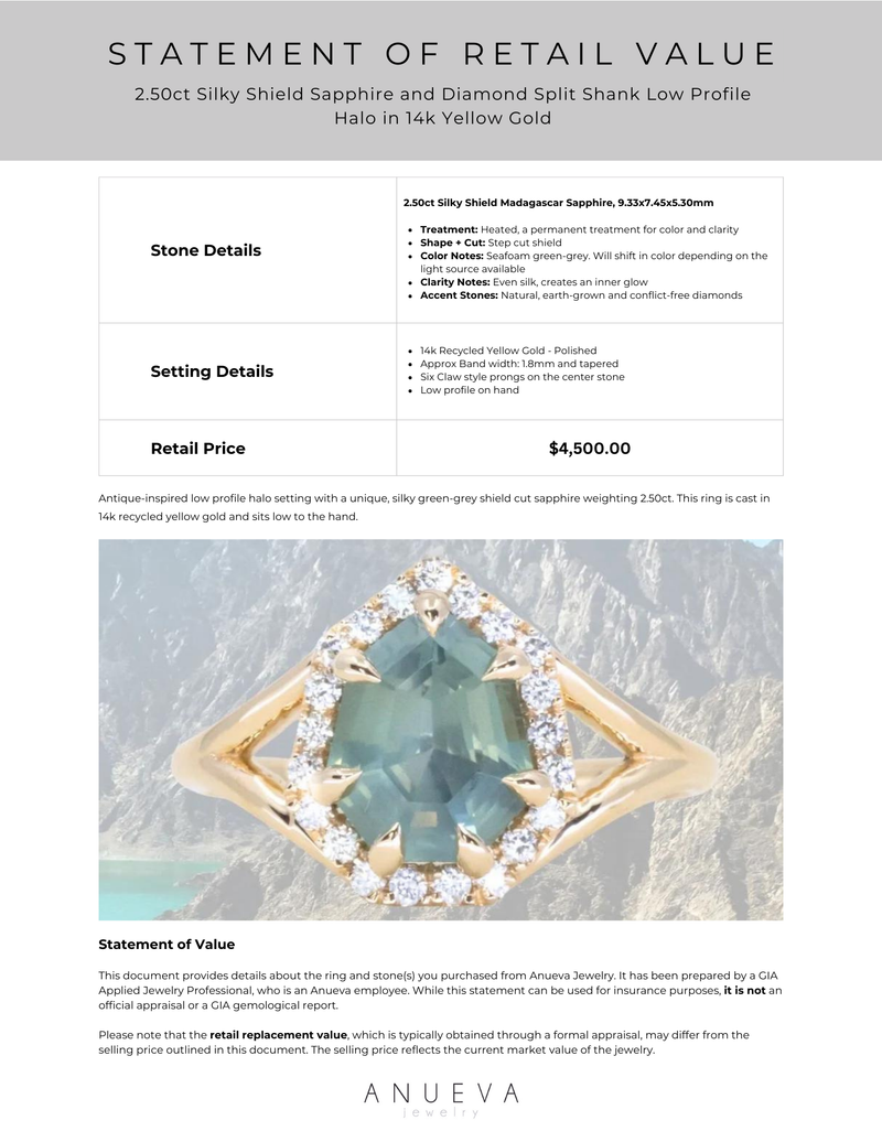 2.50ct Silky Shield Sapphire and Diamond Split Shank Low Profile Halo in 14k Yellow Gold