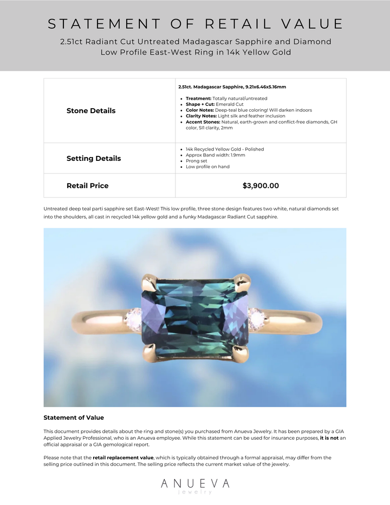 2.51ct Radiant Cut Untreated Madagascar Sapphire and Diamond Low Profile East-West Ring in 14k Yellow Gold