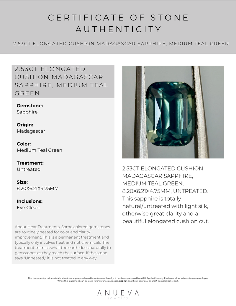 2.53CT ELONGATED CUSHION MADAGASCAR SAPPHIRE, MEDIUM TEAL GREEN, 8.20X6.21X4.75MM, UNTREATED, EARLY ACCESS
