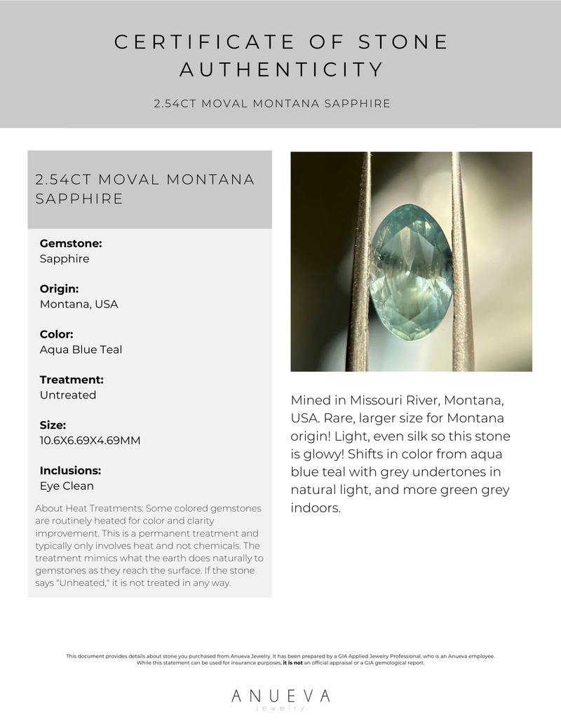 2.54CT MOVAL MONTANA SAPPHIRE, AQUA BLUE TEAL, 10.6X6.69X4.69MM