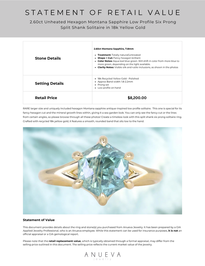 2.60ct Unheated Hexagon Montana Sapphire Low Profile Six Prong Split Shank Solitaire in 18k Yellow Gold