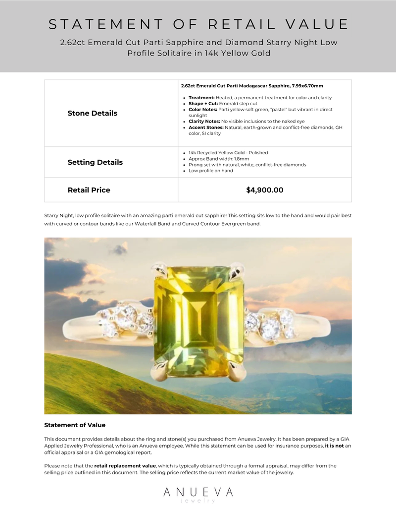 2.62ct Emerald Cut Parti Sapphire and Diamond Starry Night Low Profile Solitaire in 14k Yellow Gold