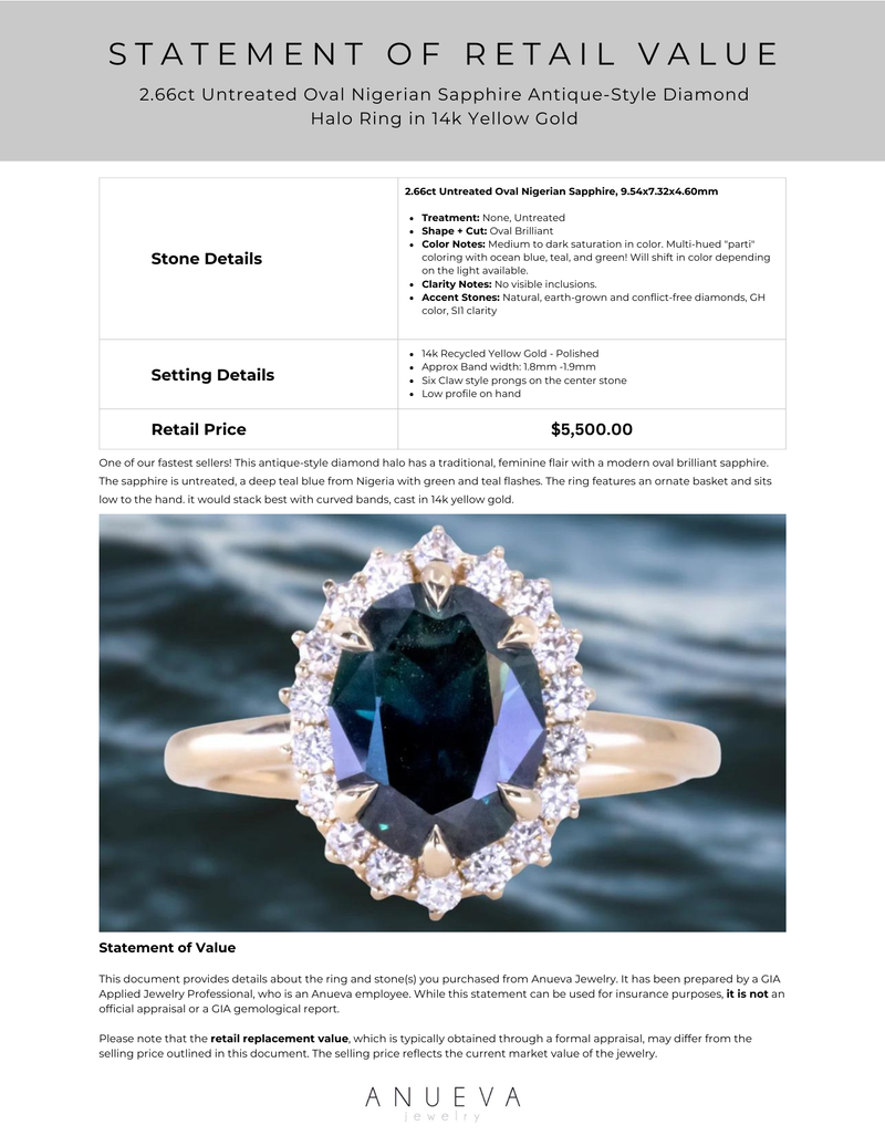 2.66ct Untreated Oval Nigerian Sapphire Antique-Style Diamond Halo Ring in 14k Yellow Gold