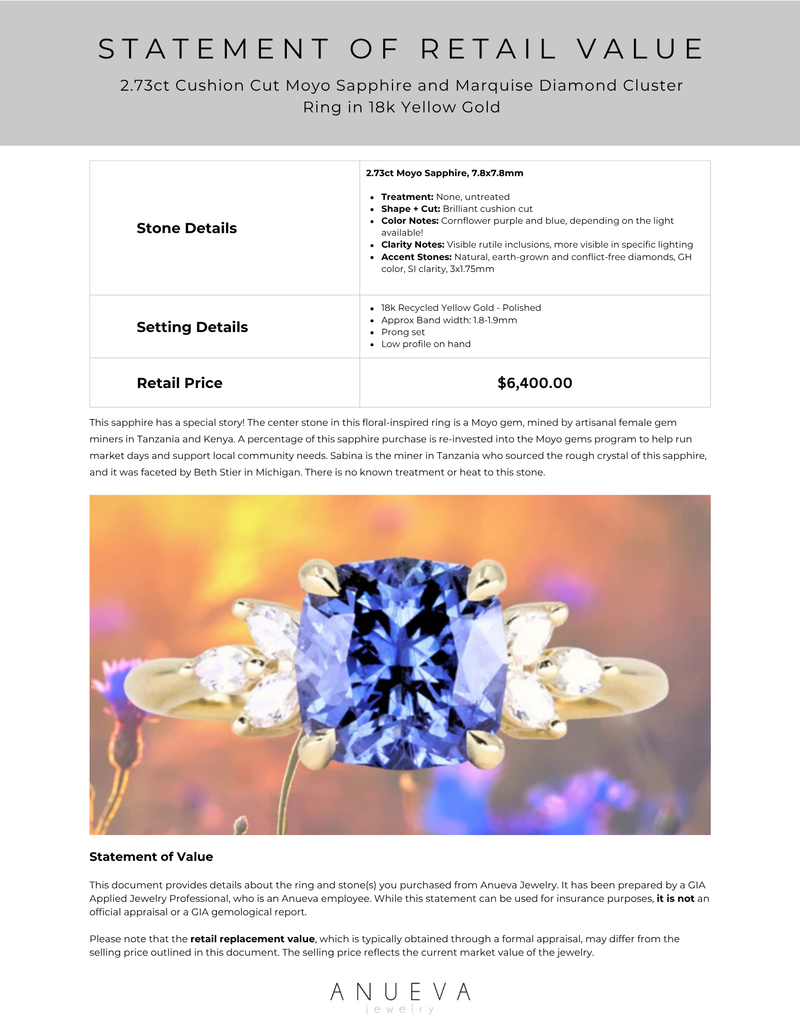 2.73ct Cushion Cut Moyo Sapphire and Marquise Diamond Cluster Ring in 18k Yellow Gold