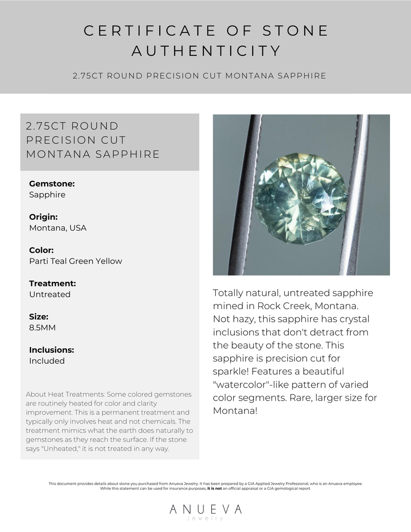 2.75CT ROUND PRECISION CUT MONTANA SAPPHIRE, PARTI TEAL GREEN YELLOW, UNTREATED, 8.5MM, EARLY ACCESS