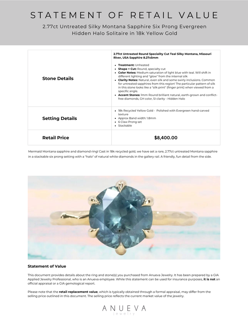 2.77ct Untreated Silky Montana Sapphire Six Prong Evergreen Hidden Halo Solitaire in 18k Yellow Gold