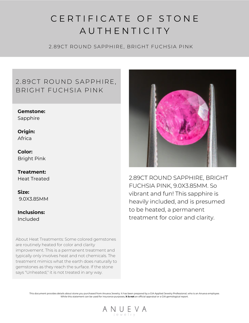 2.89CT ROUND SAPPHIRE, BRIGHT FUCHSIA PINK, 9.0X3.85MM